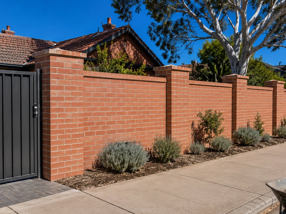 Brick front fence with piers and built-in letterbox