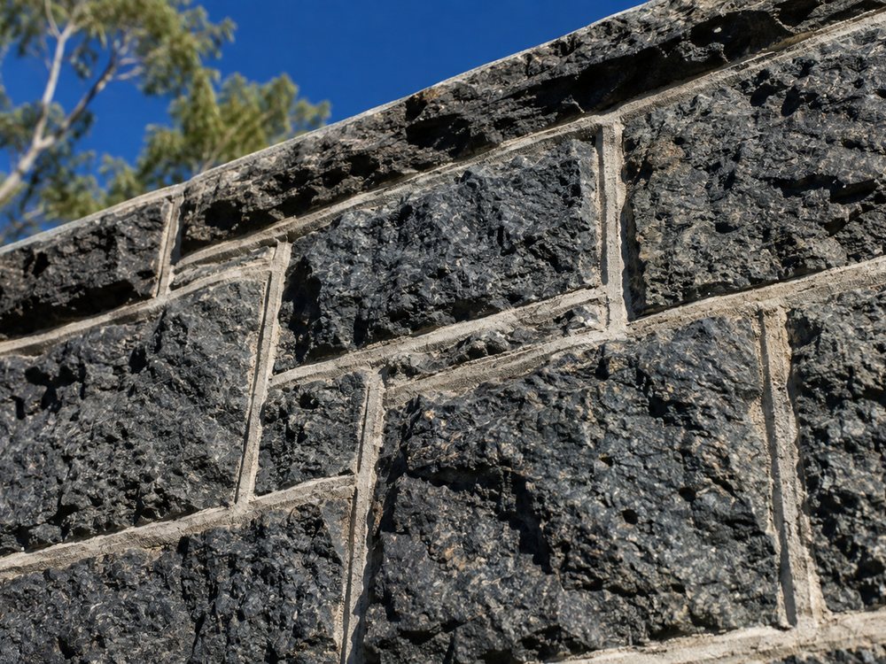 Bluestone wall detail showing coursing and mortar joints